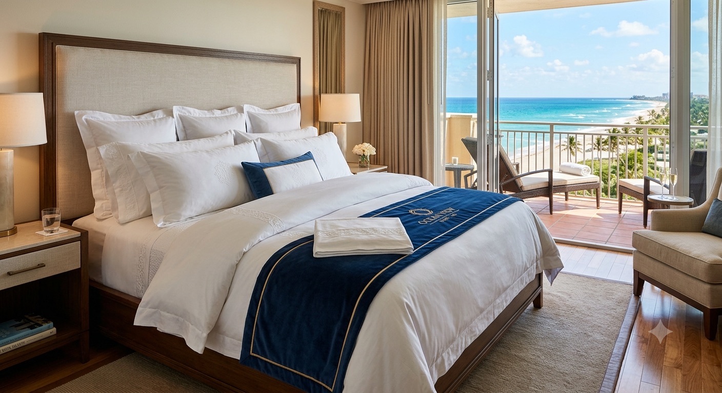 Bright hotel-inspired bedroom overlooking the ocean